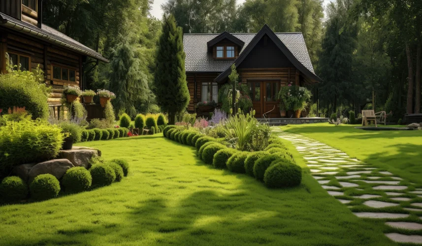 Lush backyard with trimmed bushes and a stone path—showing what’s possible when you fix why your lawn keeps getting weeds.