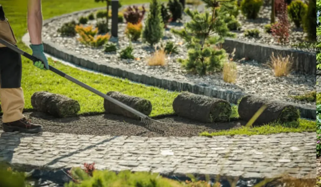 A professional landscaping expert raking soil for sod installation, with rolled grass ready for placement.